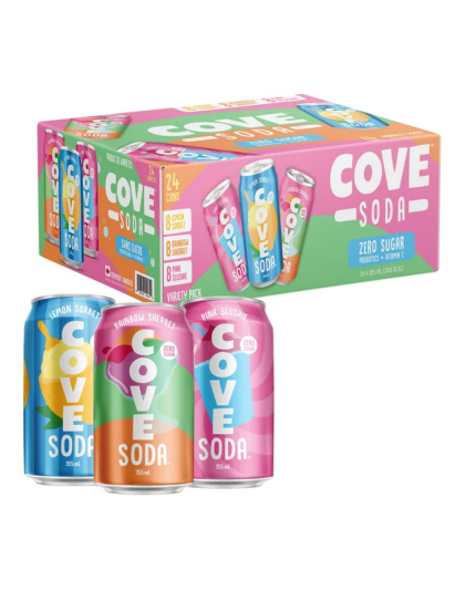 Cove Soda Zero Sugar, Prebiotic Variety Pack, 24 pack.-Lemon-Rainbow-Pink slush
